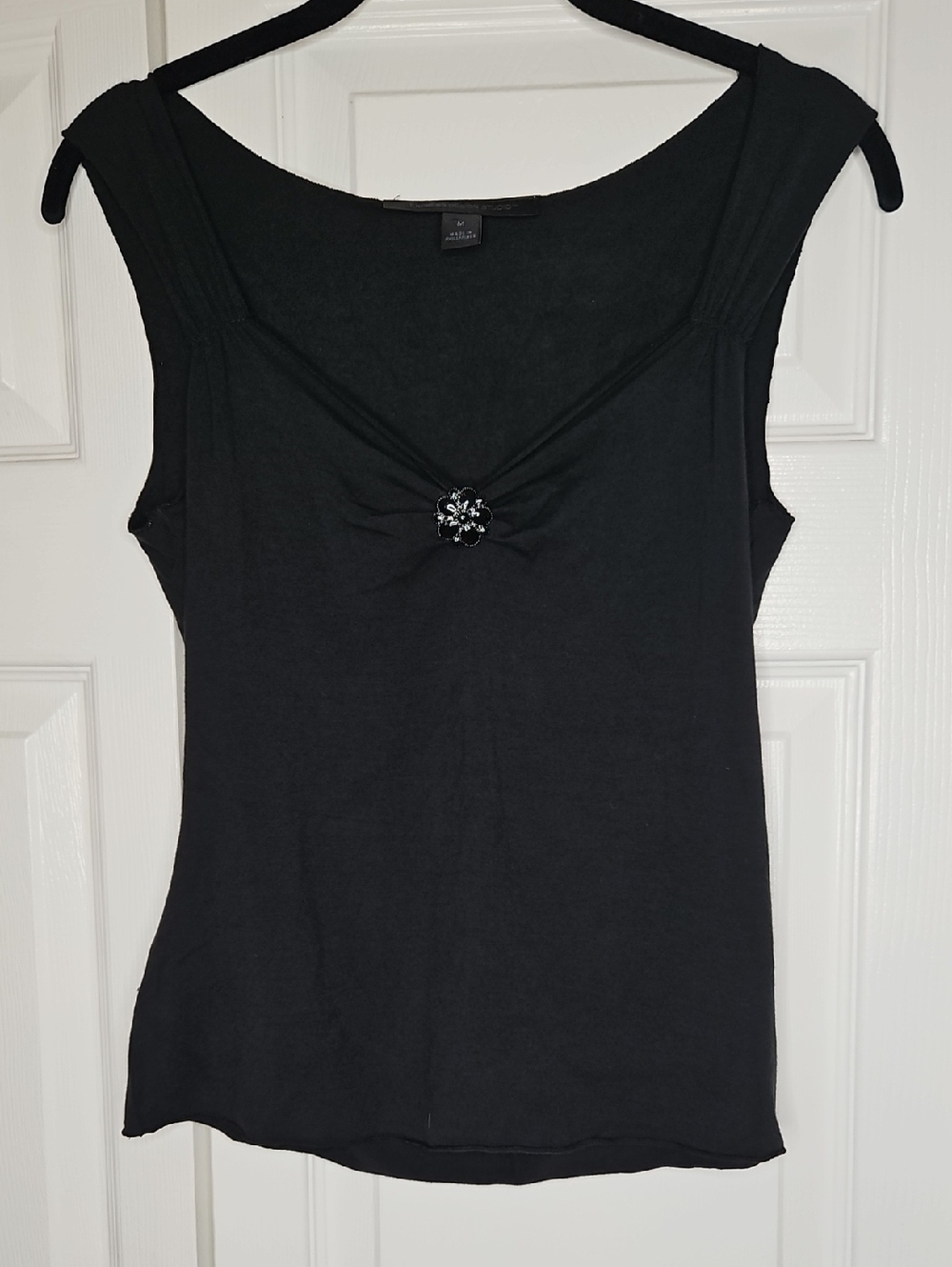 Y2K Express Black Sleeveless Top with Decorative Brooch. Going Out Top Size M